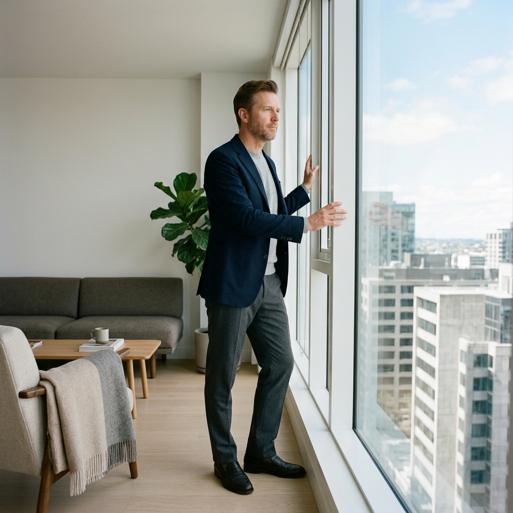 Man standing near window with contemplative confident expression