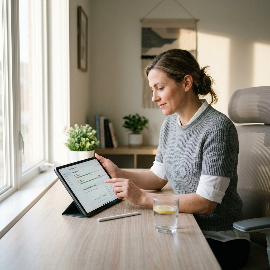 Woman reviewing hemoglobin results on tablet at desk