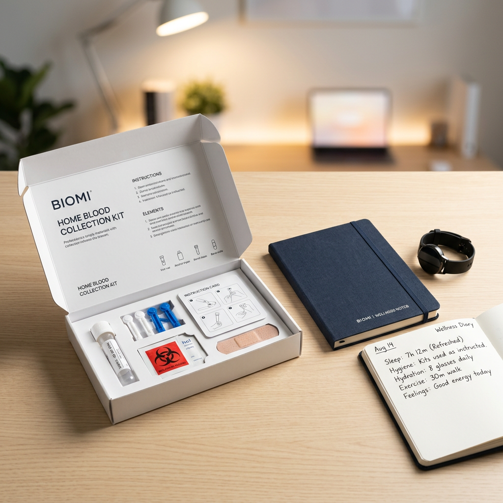 Biomi blood collection kit with wellness tracking tools on modern desk