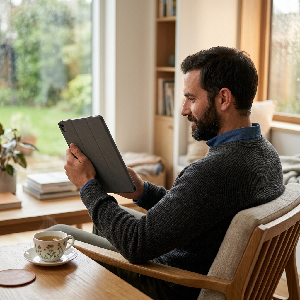 Man reviewing personalized biomarker data on tablet in bright home space