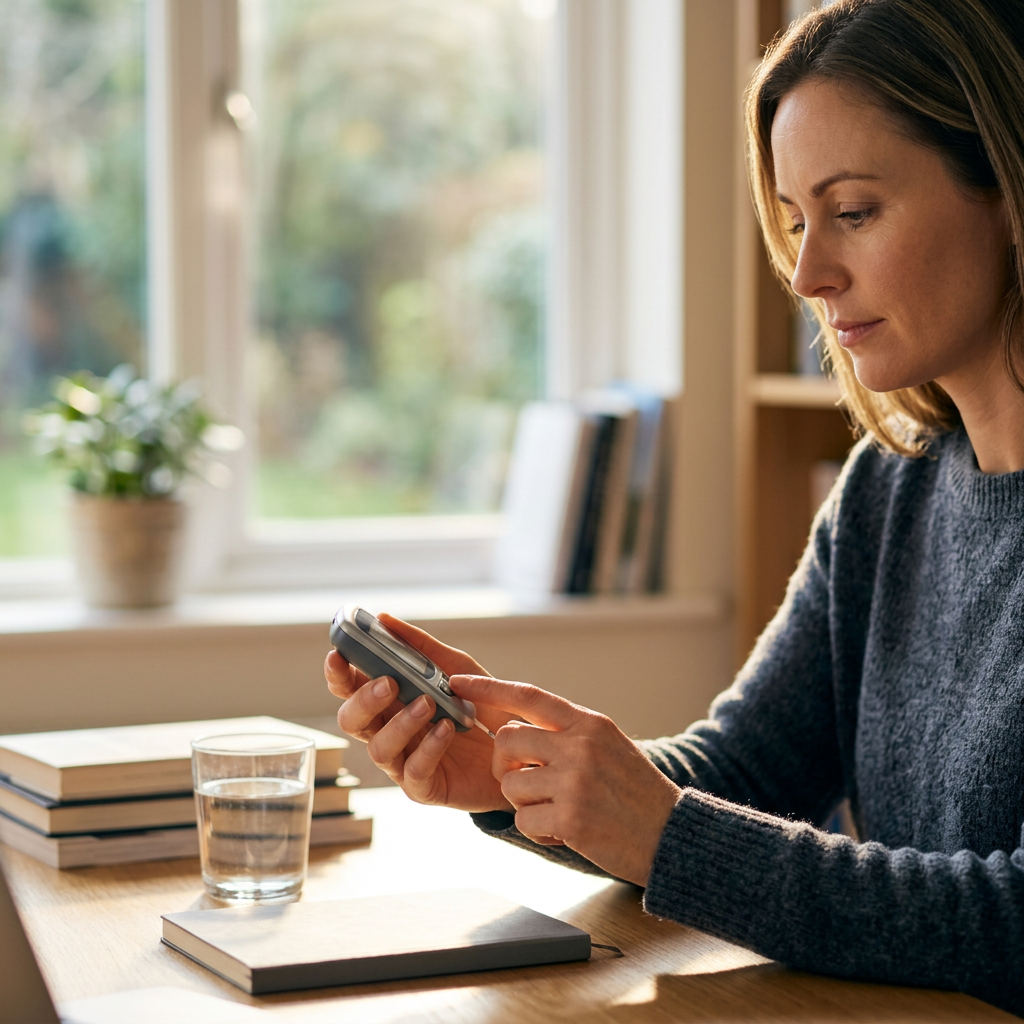 Woman reviewing morning fasting glucose reading in natural light