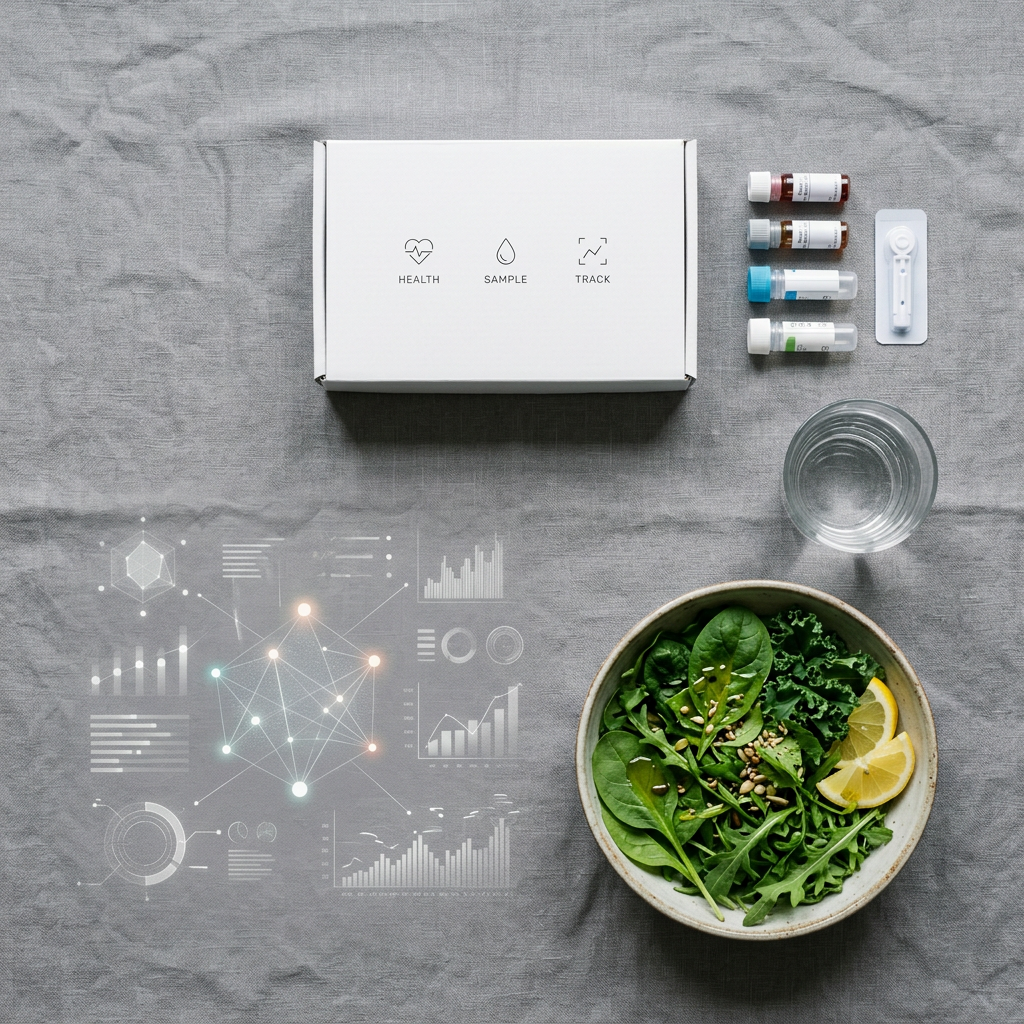 Blood collection kit with water and fresh greens on linen