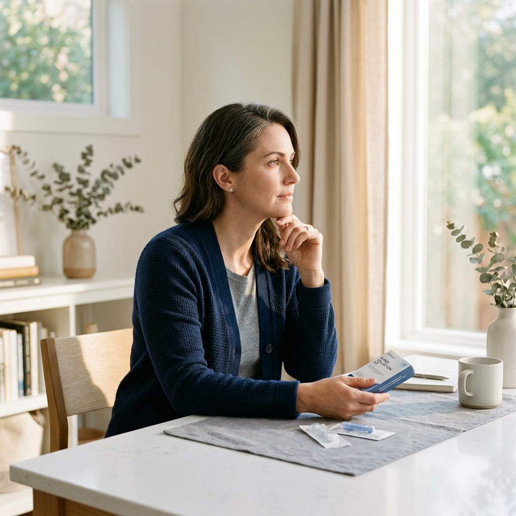 Woman with at-home blood collection kit in sunlit office