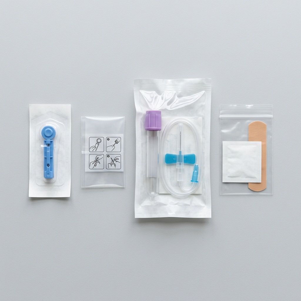 Organized at-home blood collection kit components on minimal surface