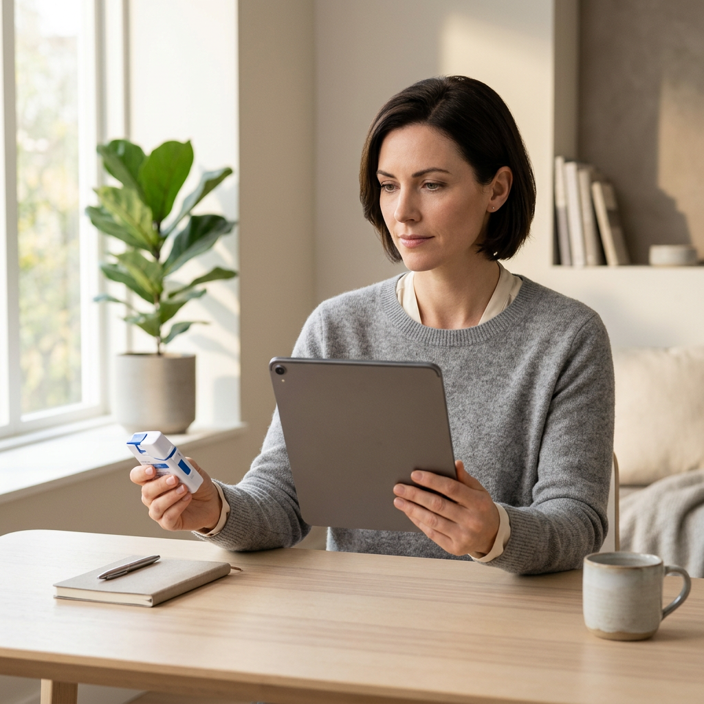 Woman reviewing health data with at-home blood collection kit