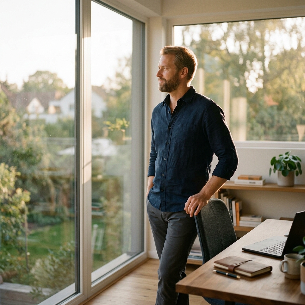 Confident man by window after reviewing personalized health insights