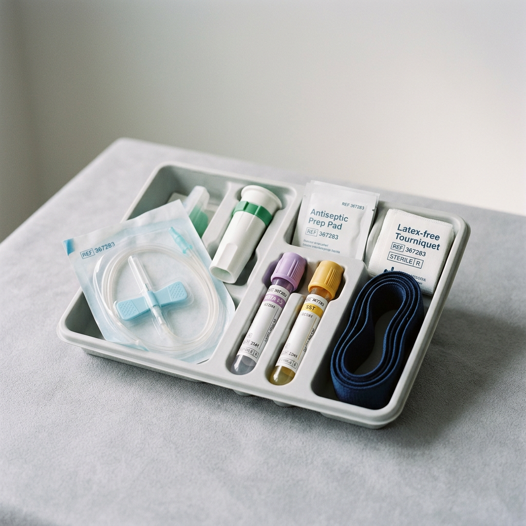 Professional home blood collection kit on minimalist surface