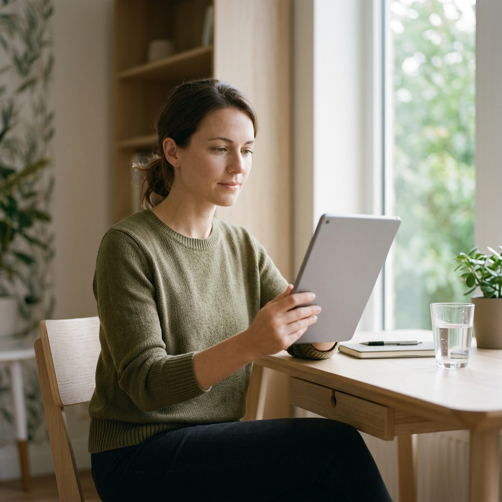 Woman reviewing personalized health data on tablet in natural light