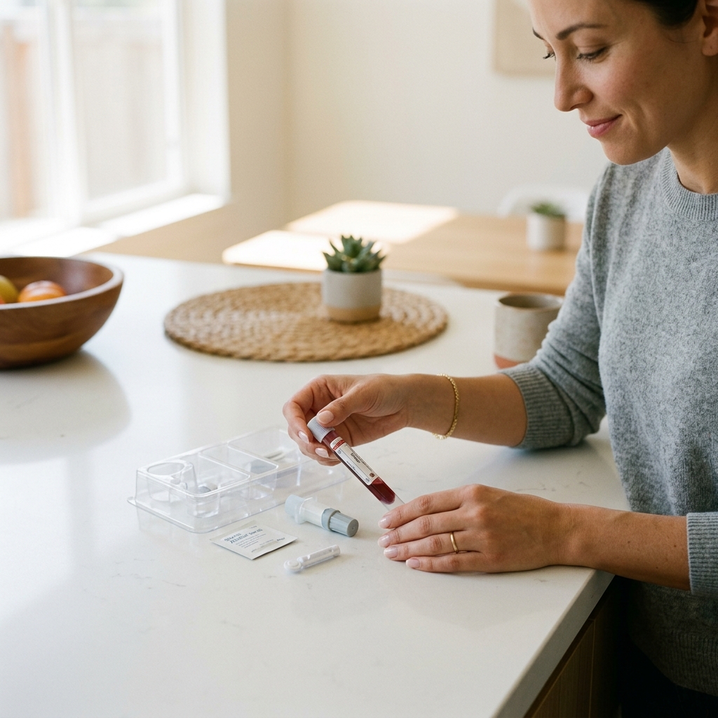Woman confidently holding at-home blood collection kit