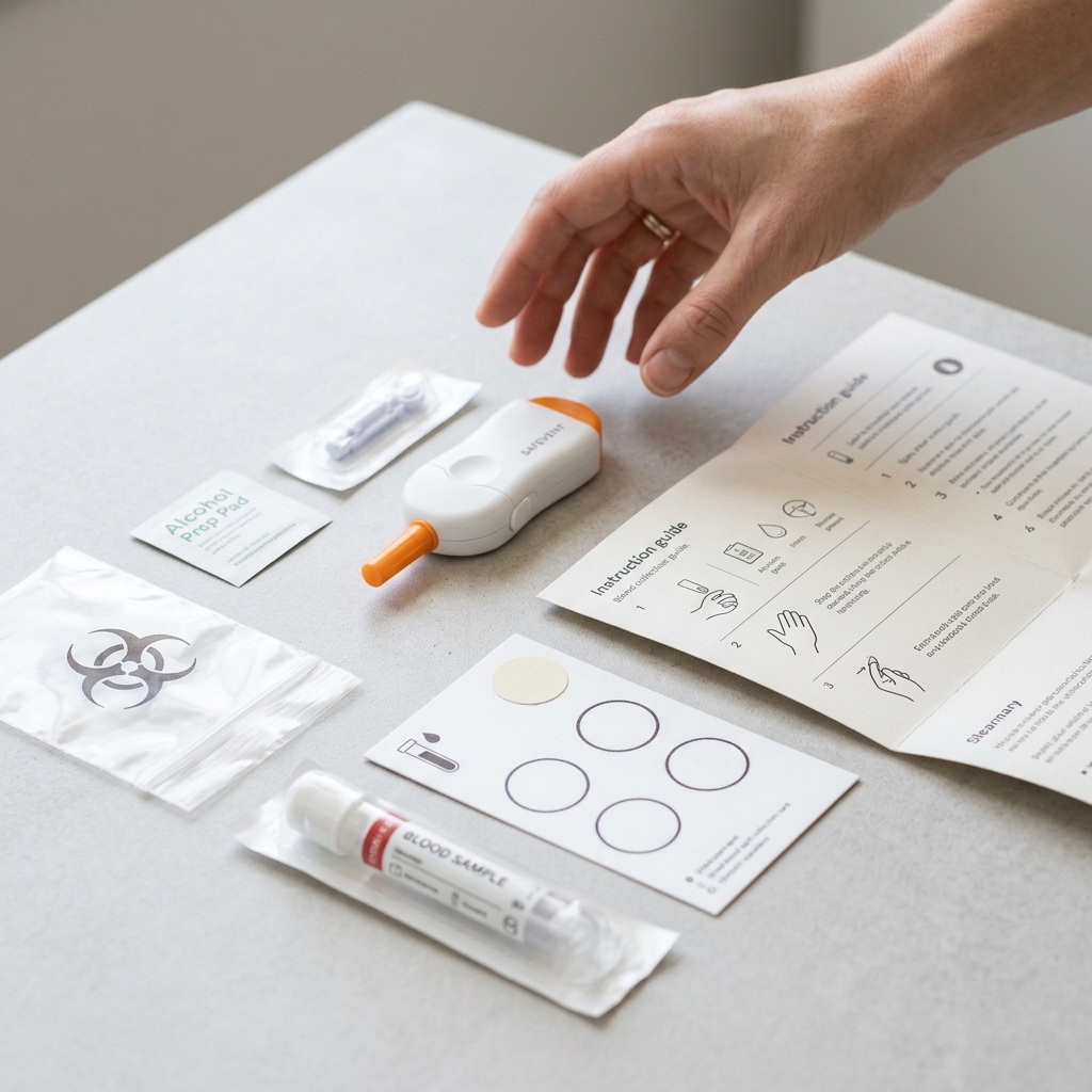 At-home blood collection kit on modern surface