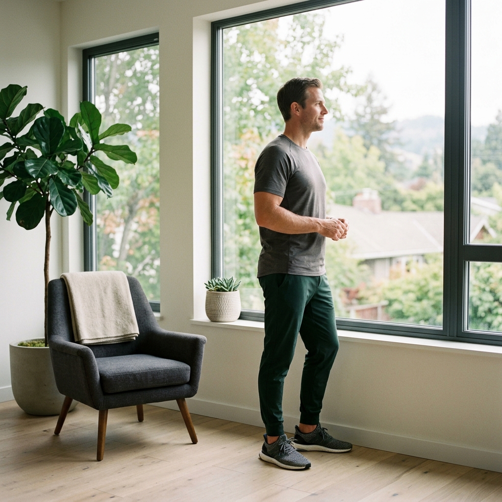 Person in sunlit room reflecting on health journey