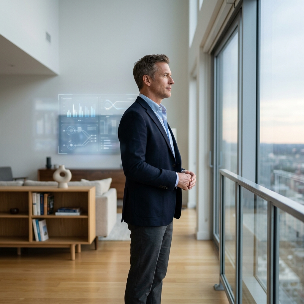 Confident professional gazing forward with health data overlay