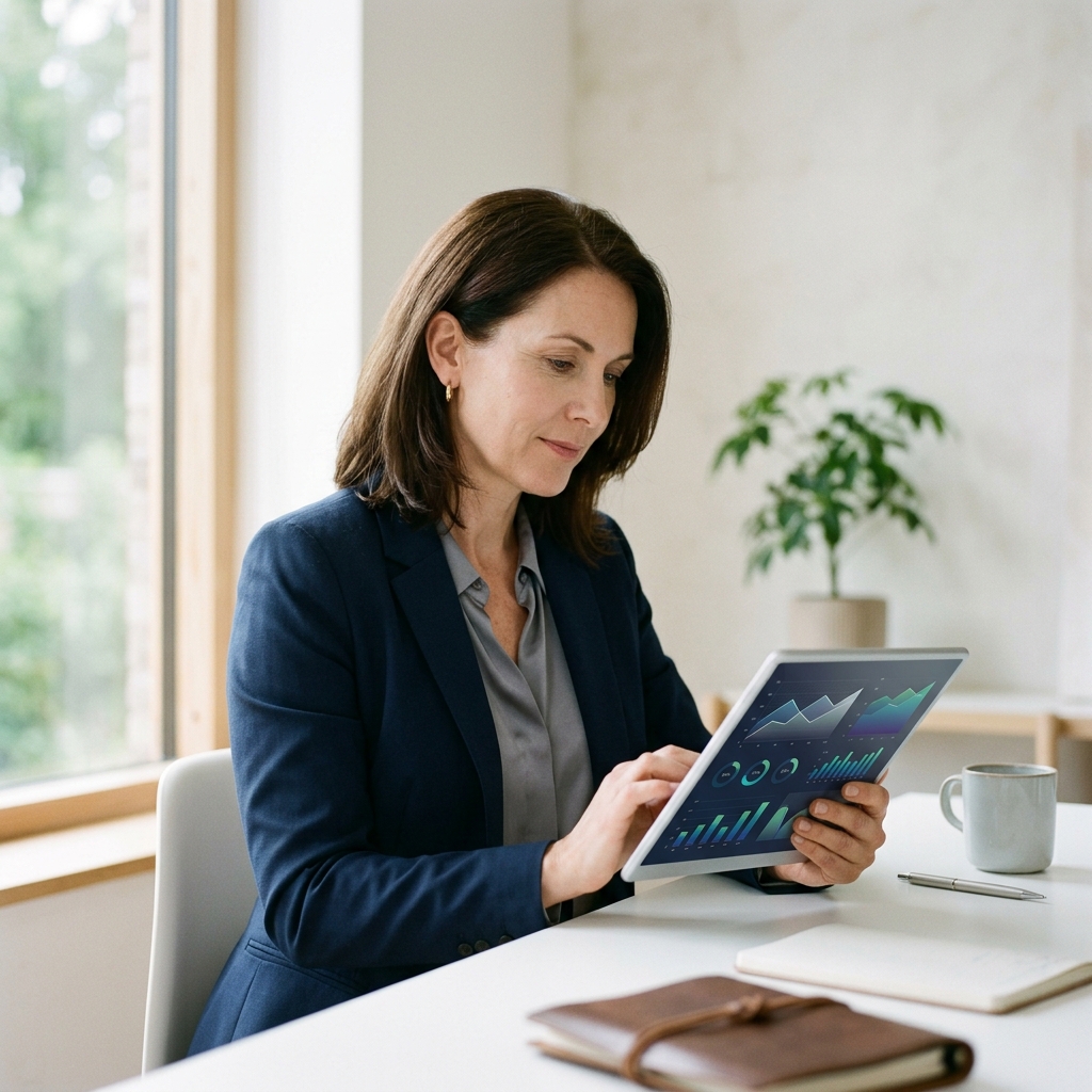 Woman reviewing health data on tablet in natural light