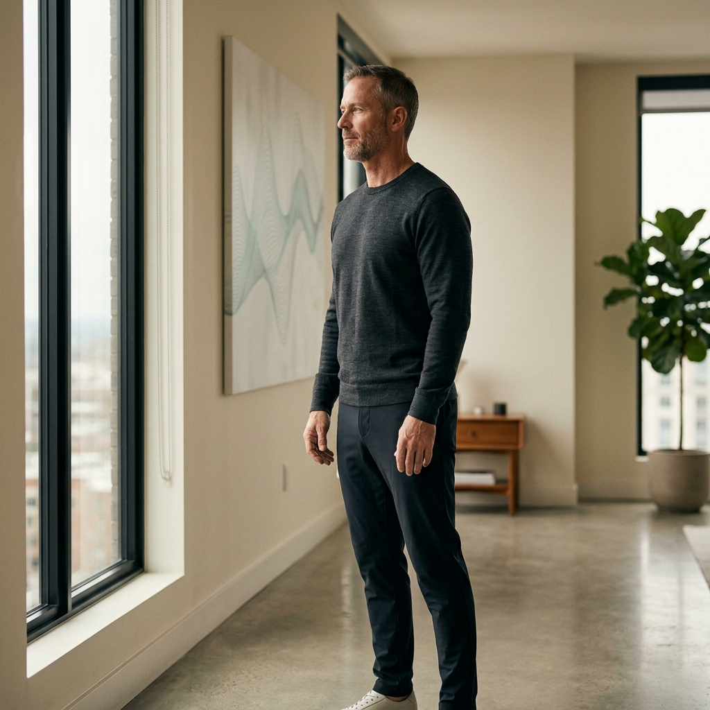 Active man standing peacefully in bright modern space with health data backdrop
