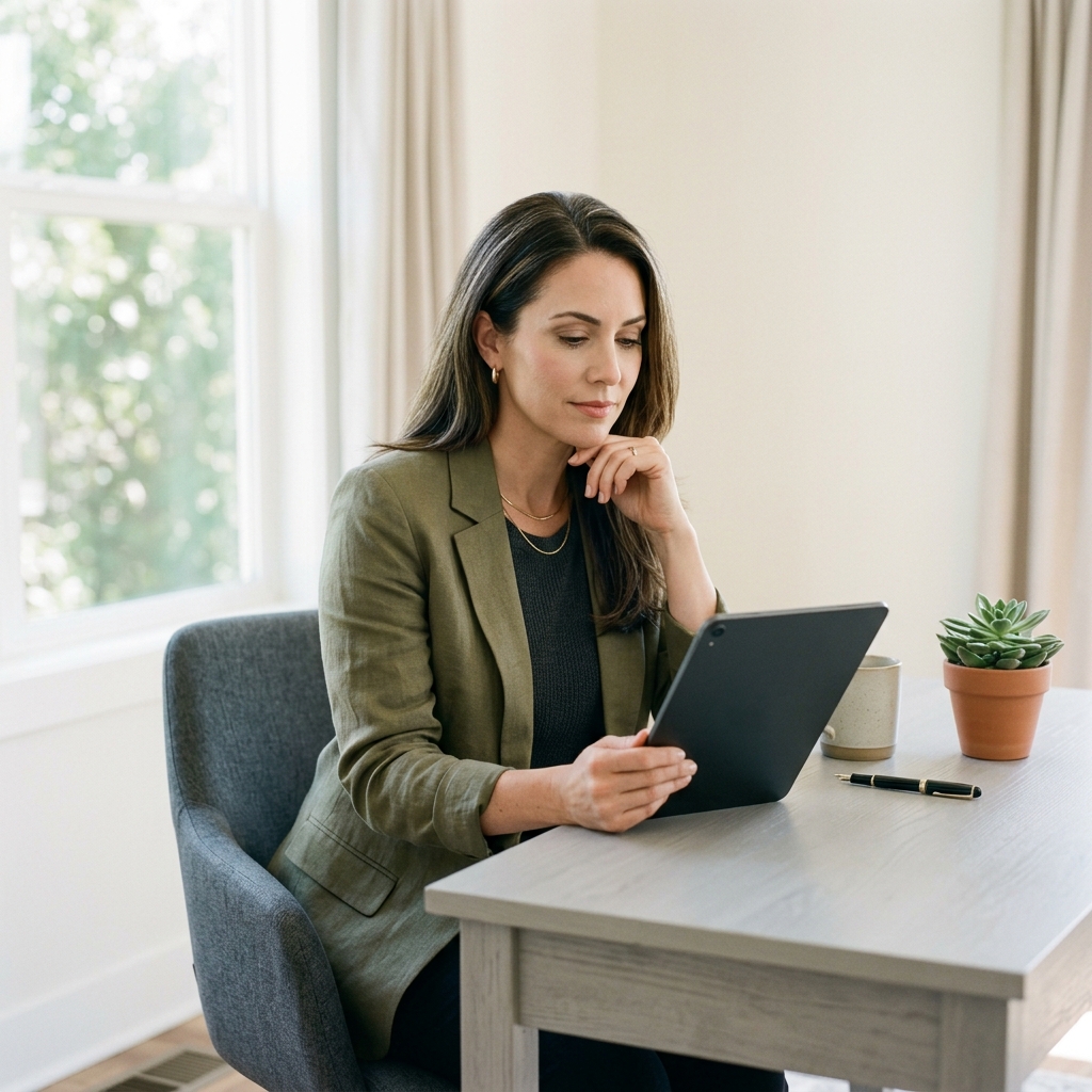 Woman reviewing health biomarker data on tablet in bright home office