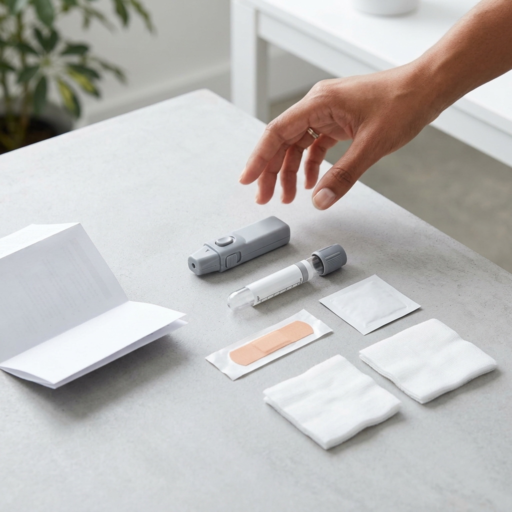 At-home blood collection kit arranged on minimal neutral surface