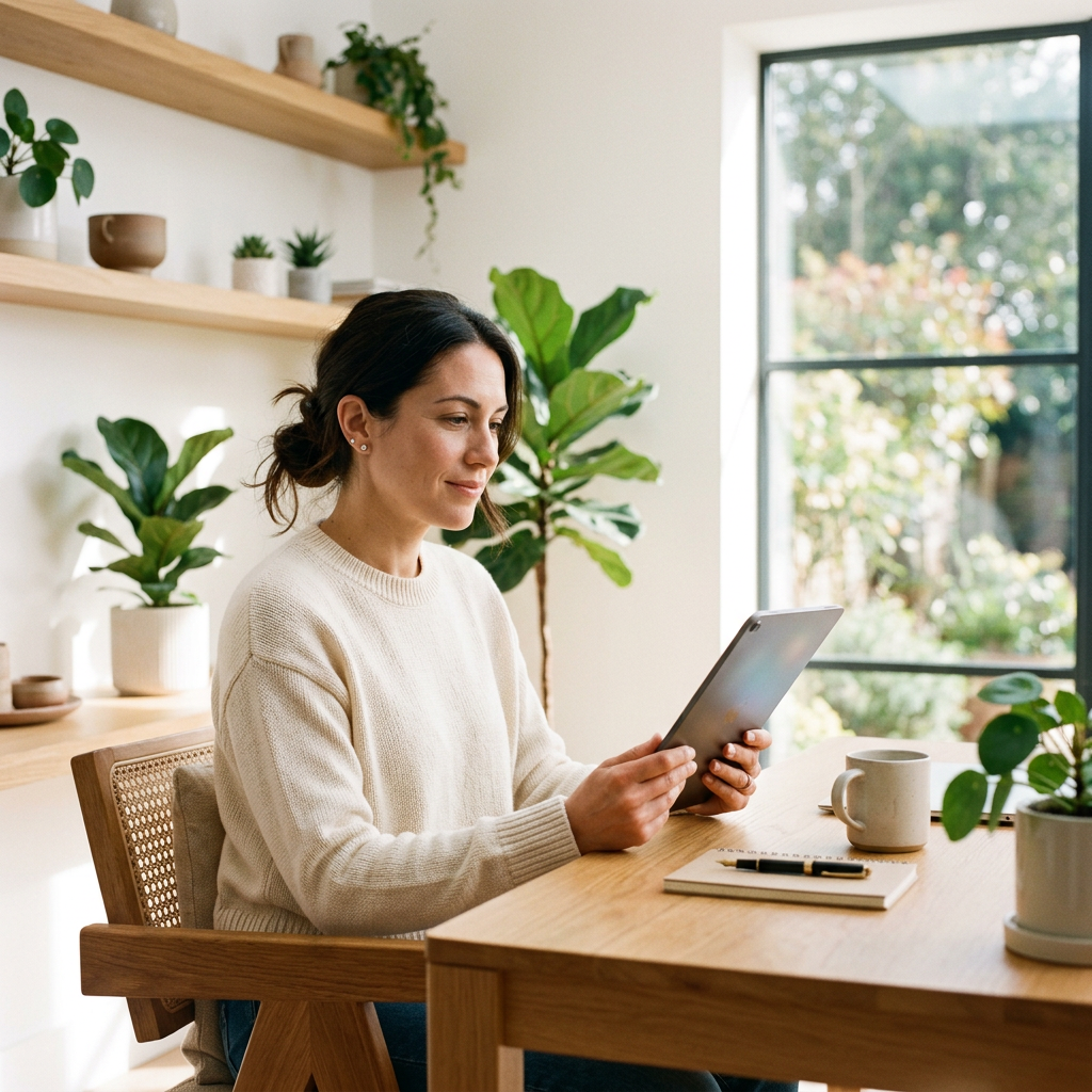 Person reviewing health biomarker data on tablet in bright home office