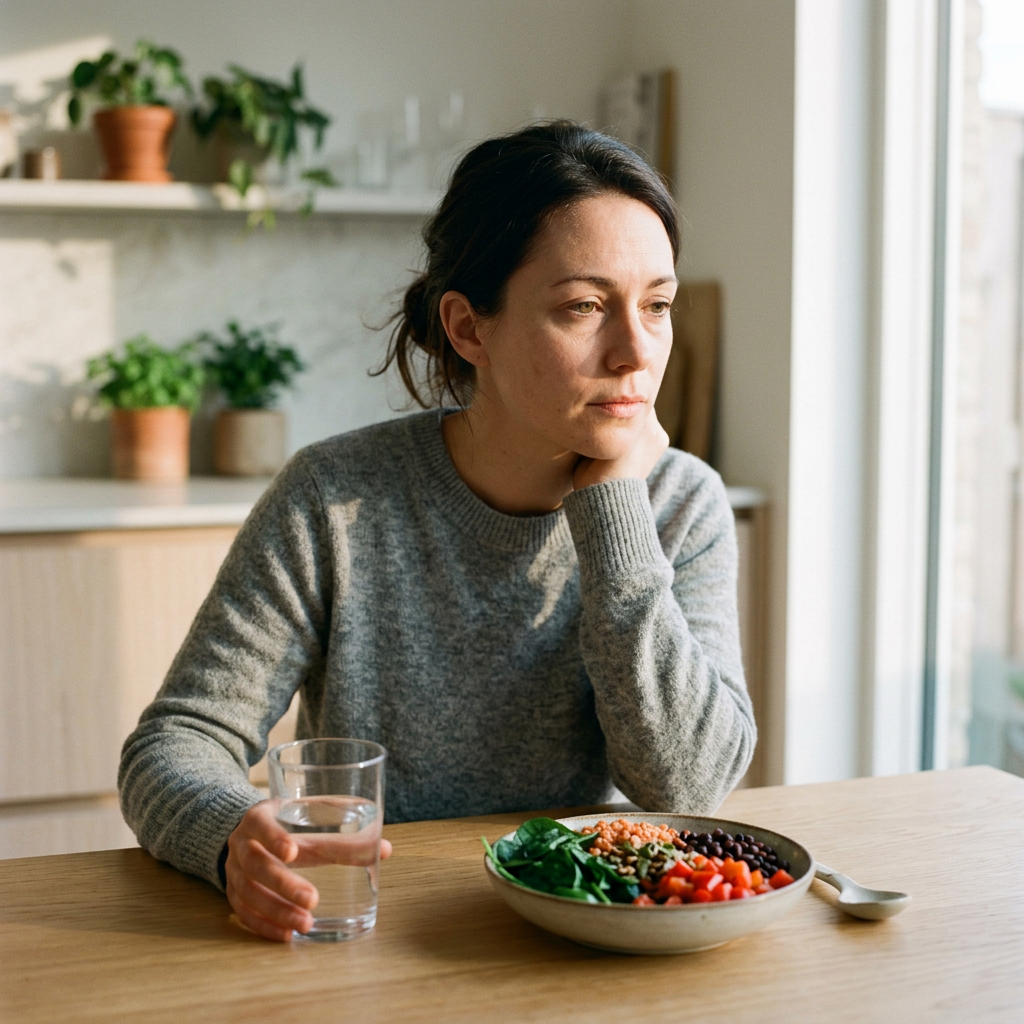 Woman contemplating iron deficiency symptoms at bright kitchen table