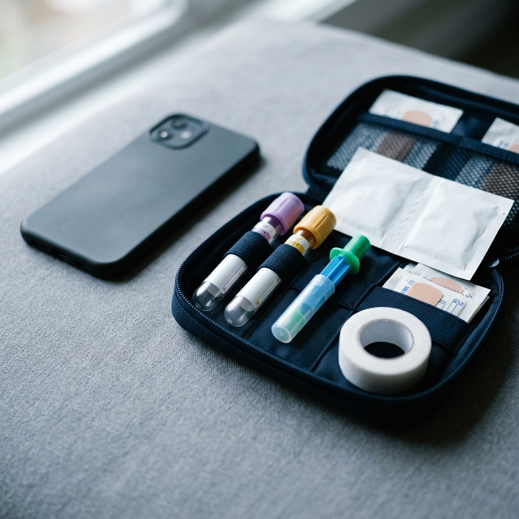 Blood collection kit displayed on surface with smartphone nearby