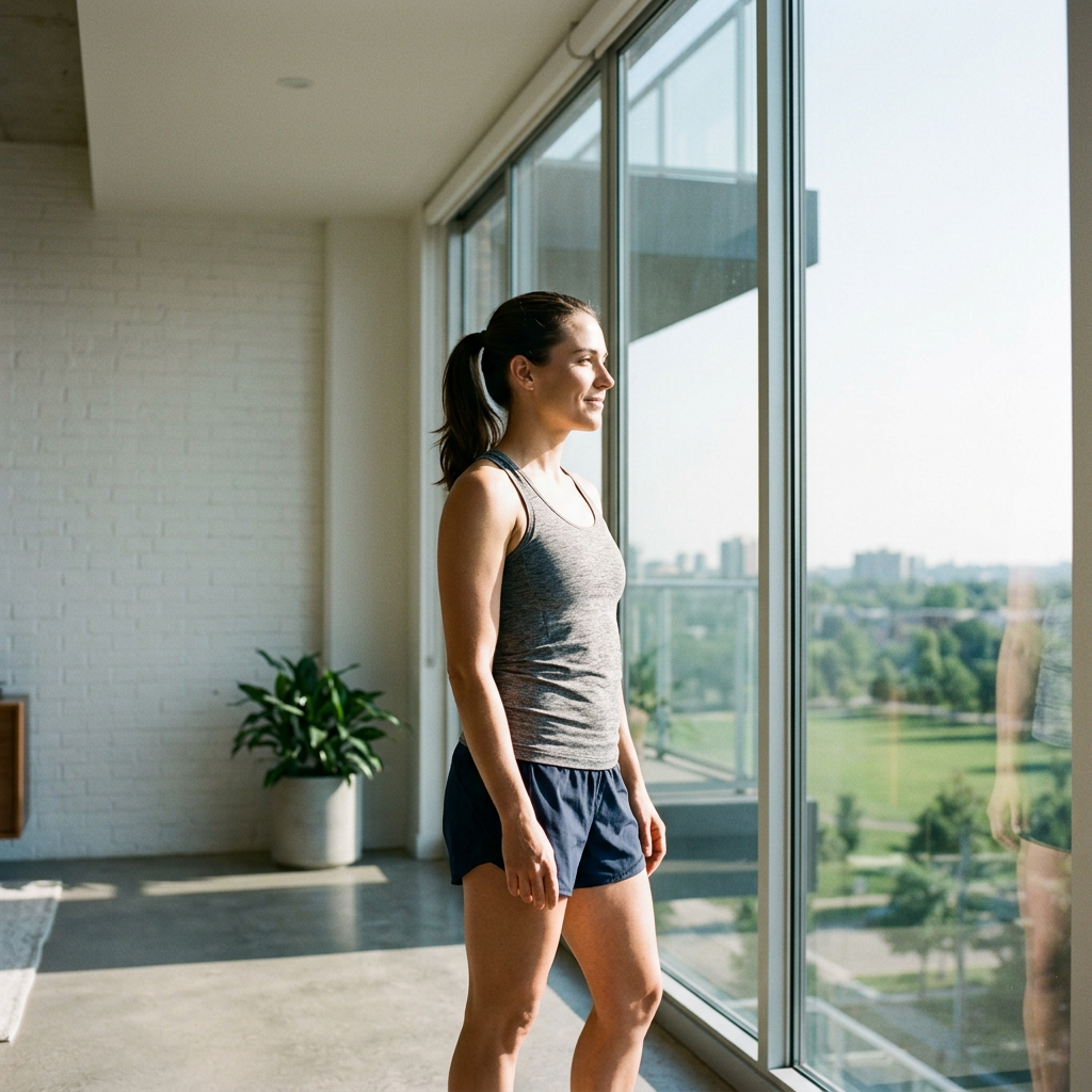 Person in profile by bright window expressing health confidence