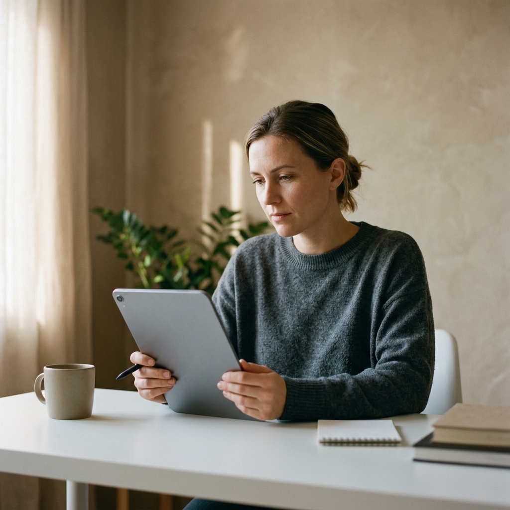 Woman reviewing health data on tablet in bright home office