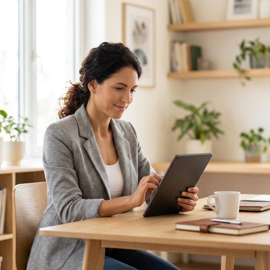 Woman reviewing biomarker health data on tablet