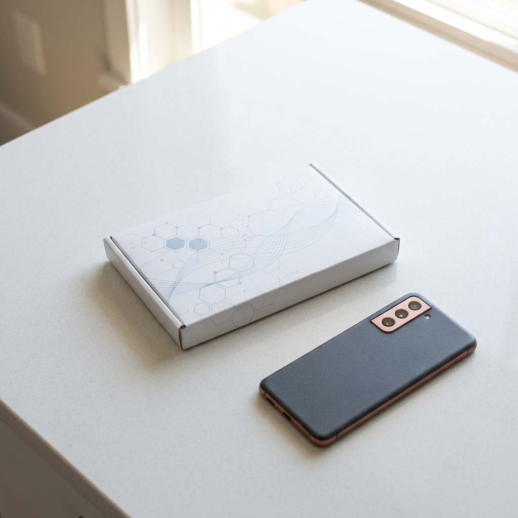 Biomarker kit and smartphone health dashboard on table