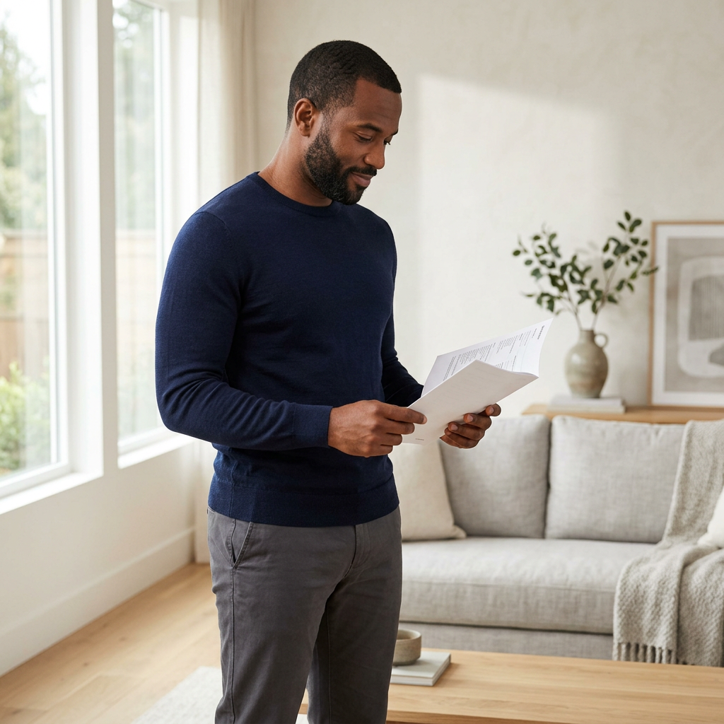Man reviewing printed biomarker health report indoors