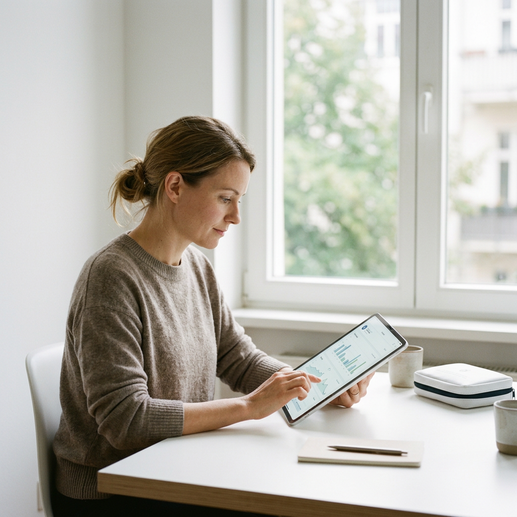 Woman reviewing health data on tablet at home