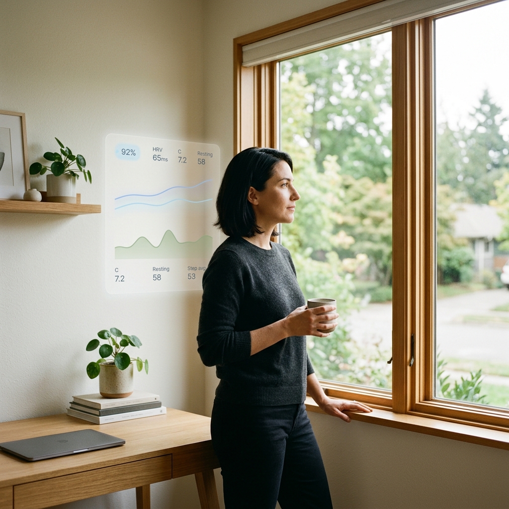 Person reflecting on proactive health monitoring near window