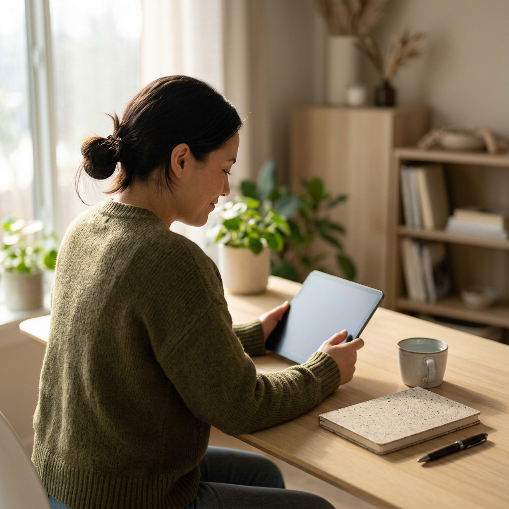 Person reviewing kidney biomarker data on tablet in natural light