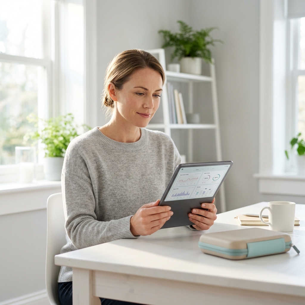 Woman reviewing personalized liver health results on tablet