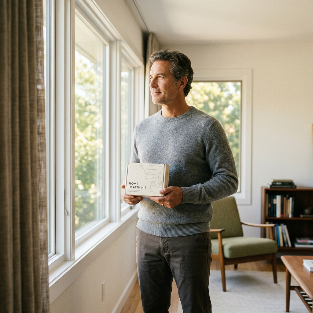 Middle-aged person holding at-home biomarker collection kit confidently