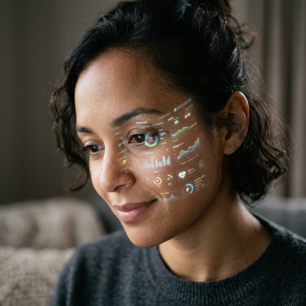 Person reflecting focused awareness while reviewing health insights