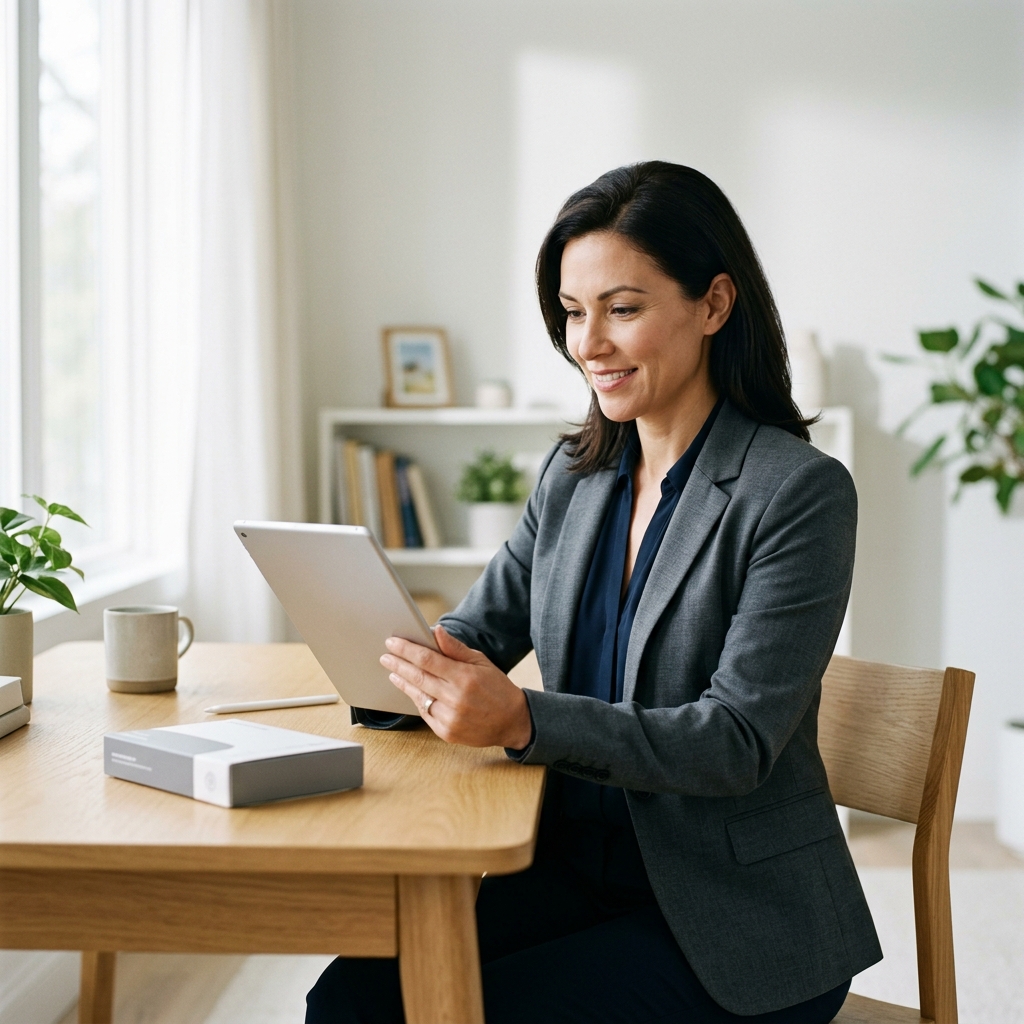 Woman reviewing health biomarker data on tablet at home