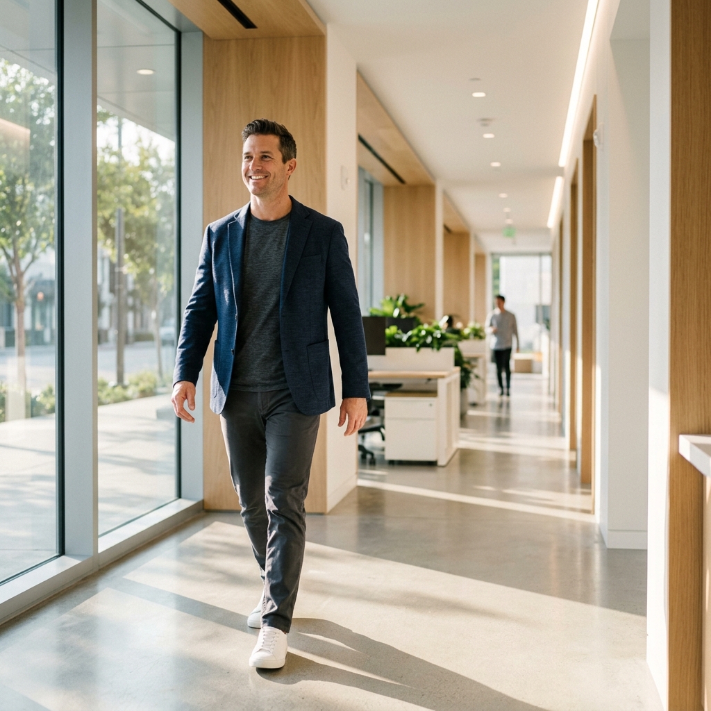 Active professional moving through bright modern workspace