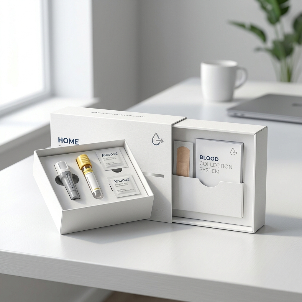 Professional at-home blood collection kit on modern surface