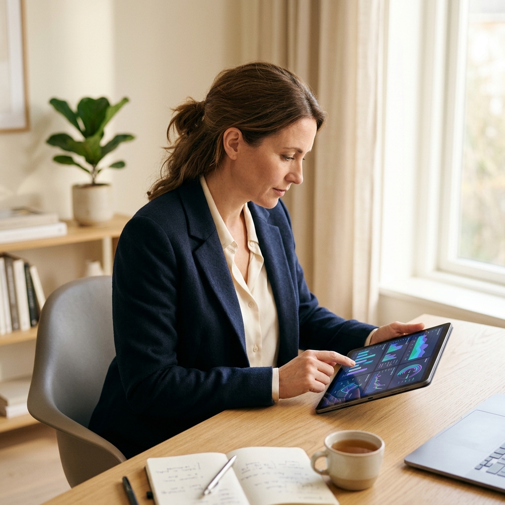 Woman reviewing personalized health data on tablet at home