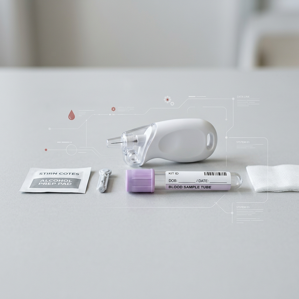 At-home blood collection kit on minimalist surface