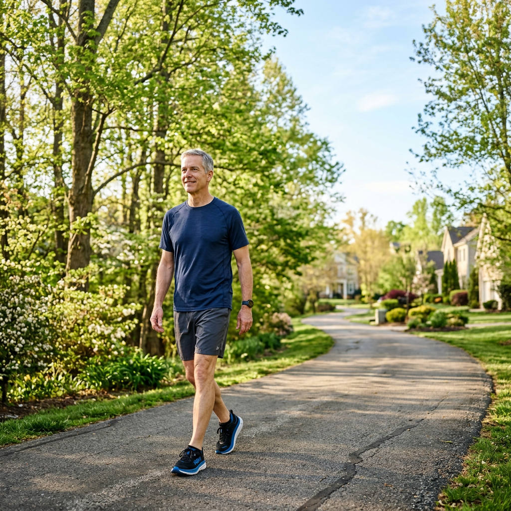 Active man taking morning walk in sunlit natural environment