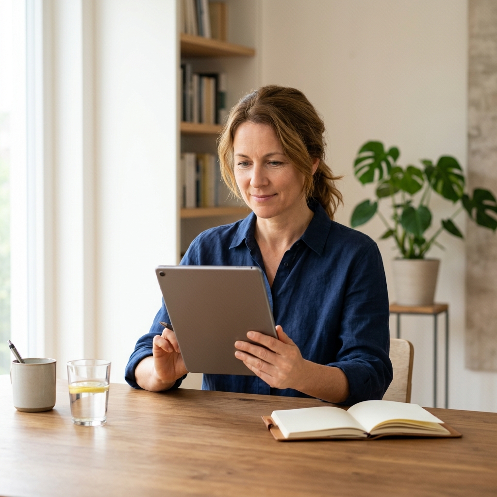 Woman reviewing health biomarker data on tablet in bright home office