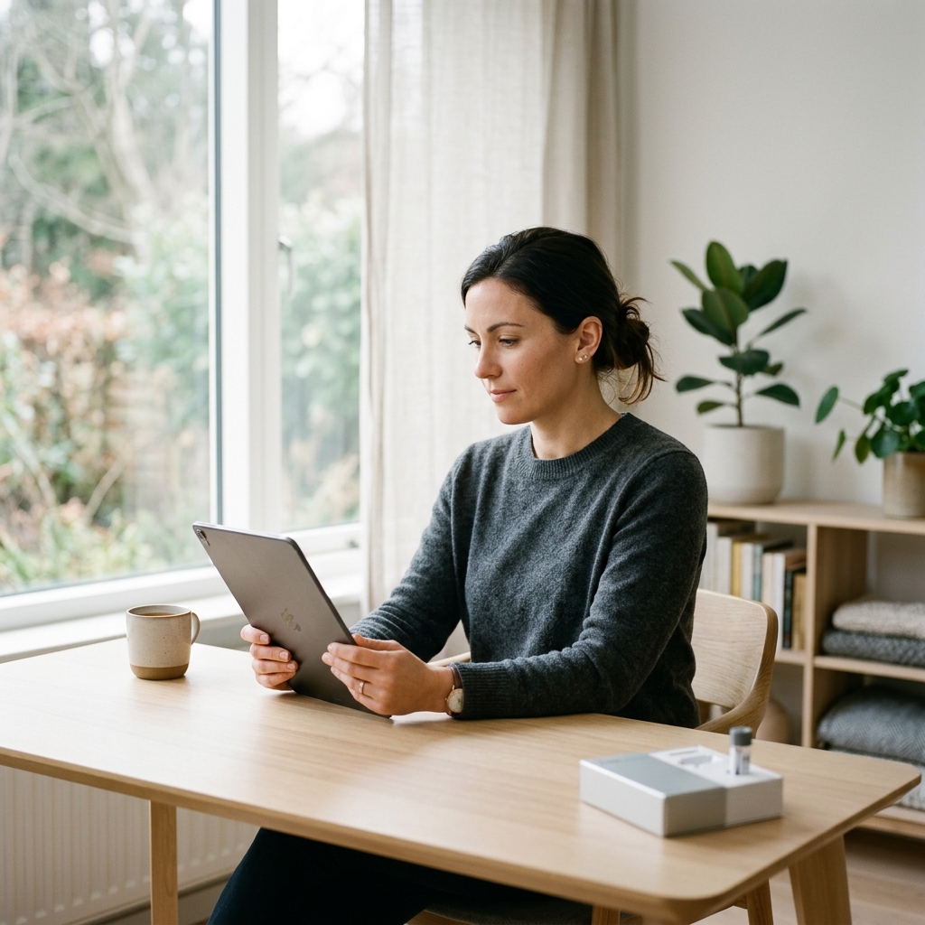 Professional reviewing personalized biomarker health data on tablet at home