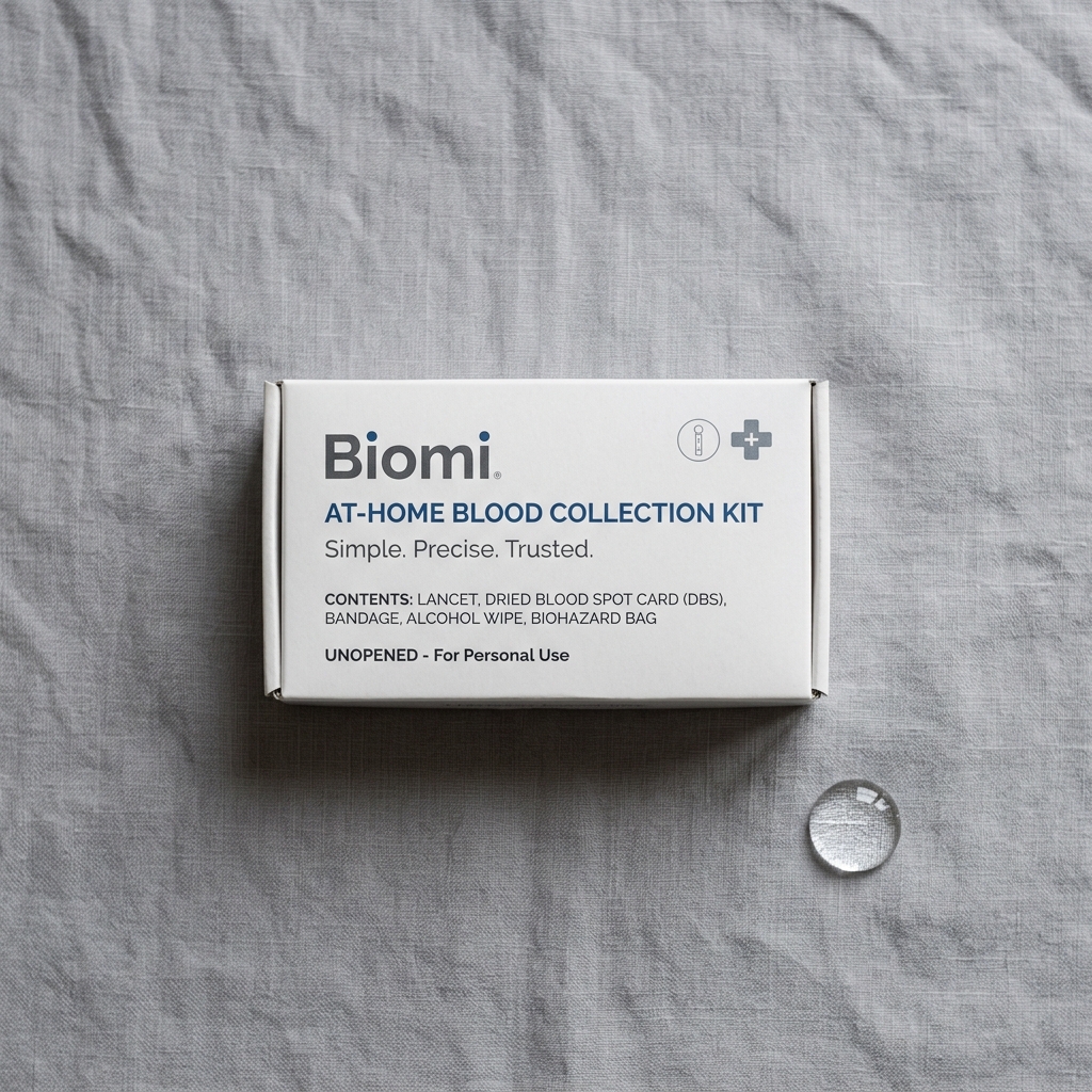 Biomi at-home blood collection kit on neutral surface