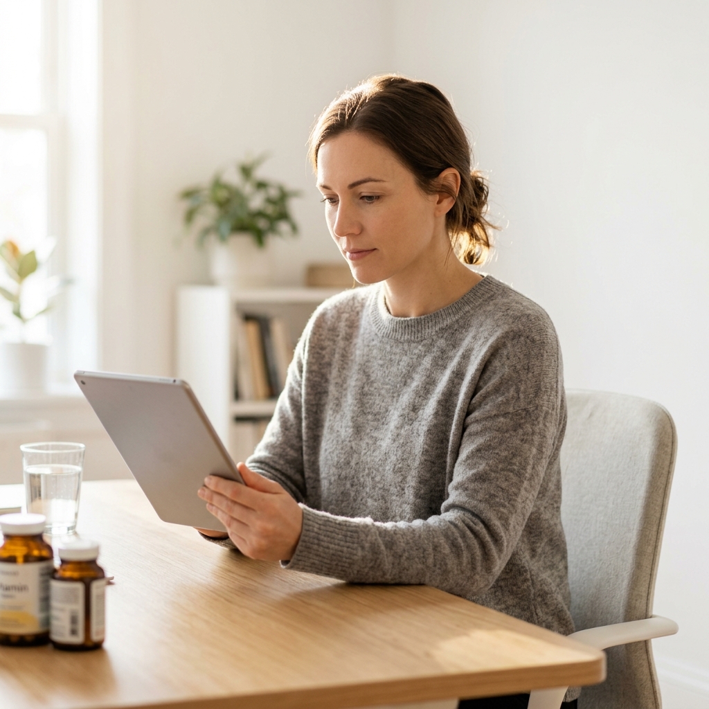 Woman reviewing personalized health biomarker data on tablet