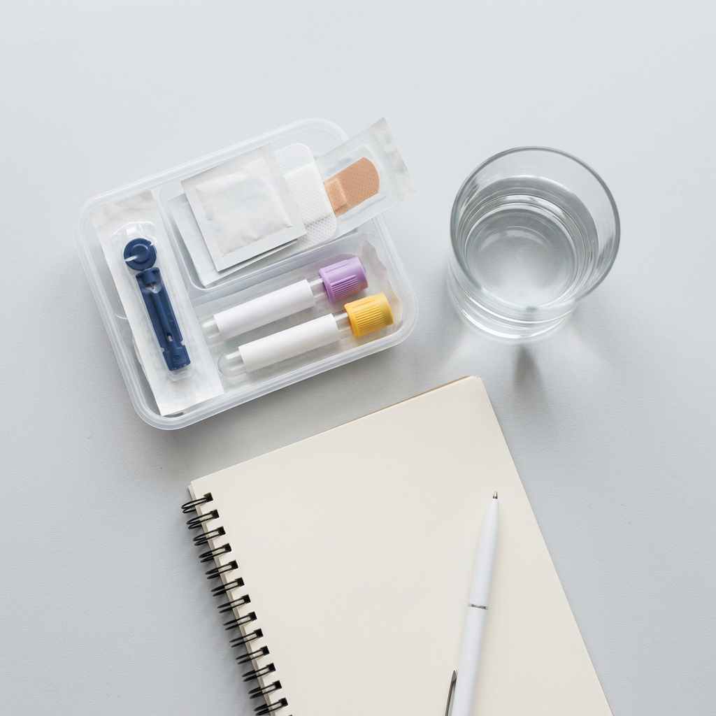 Blood collection kit and preparation items on table