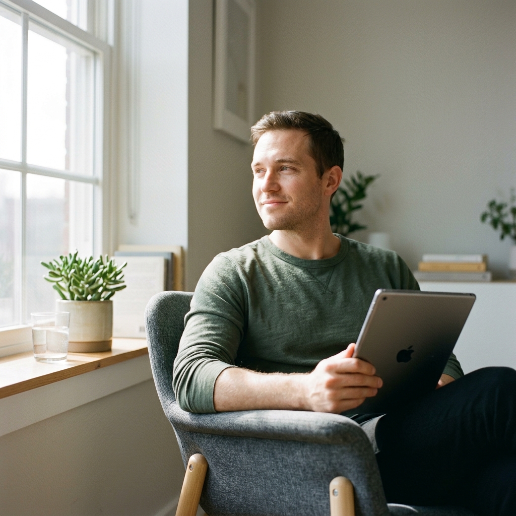 Man reviewing health data on tablet near window