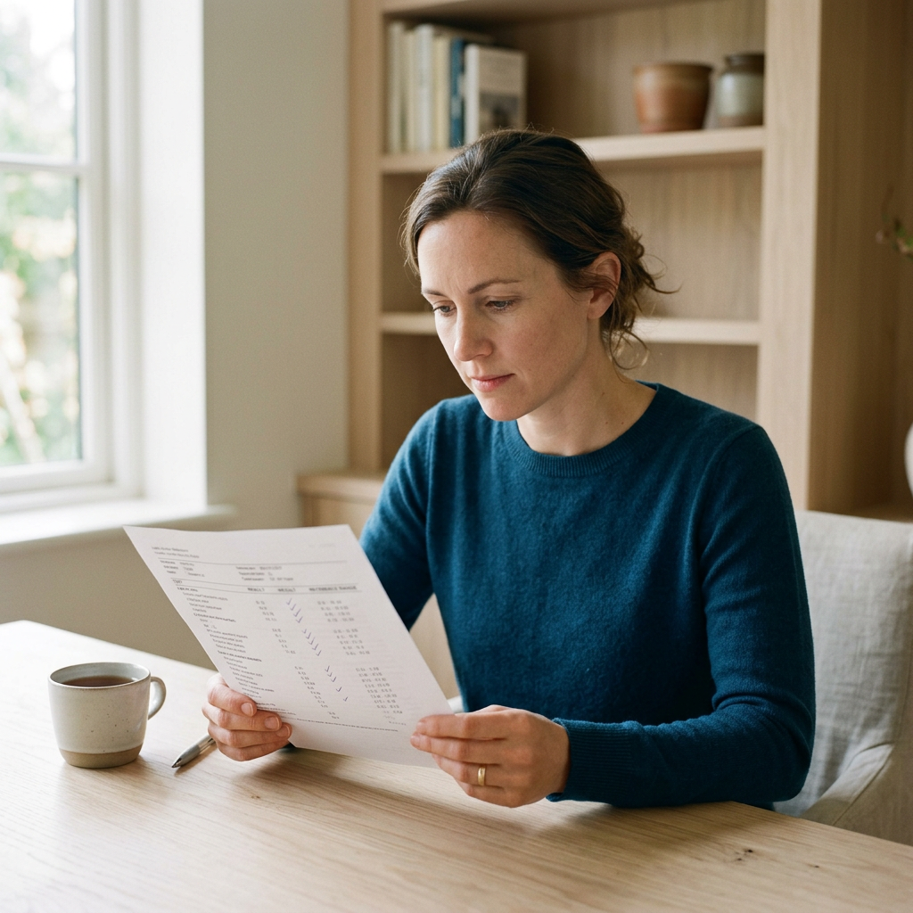 Woman reviewing blood test results at home desk