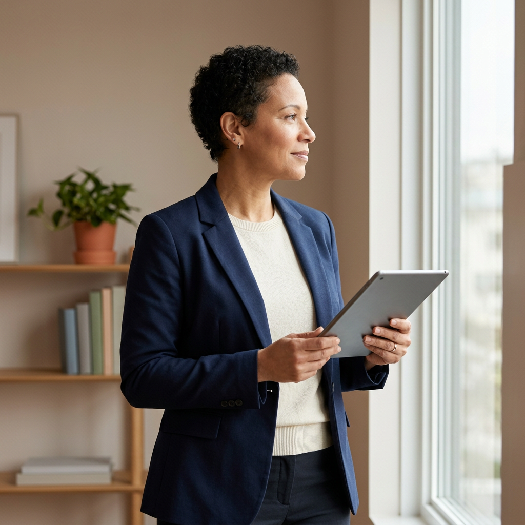 Person holding tablet with health insights in naturally lit room