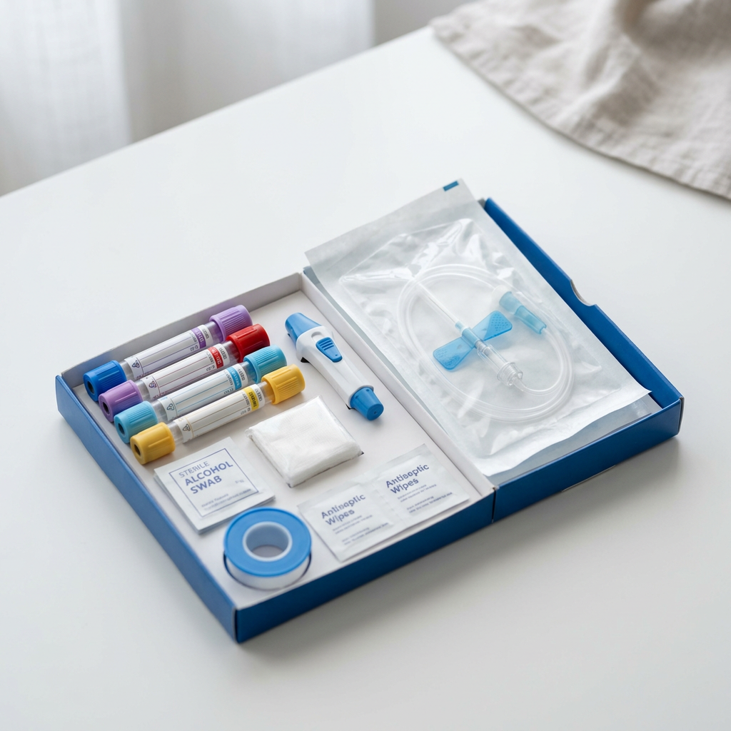 Blood collection kit displayed on clean professional surface