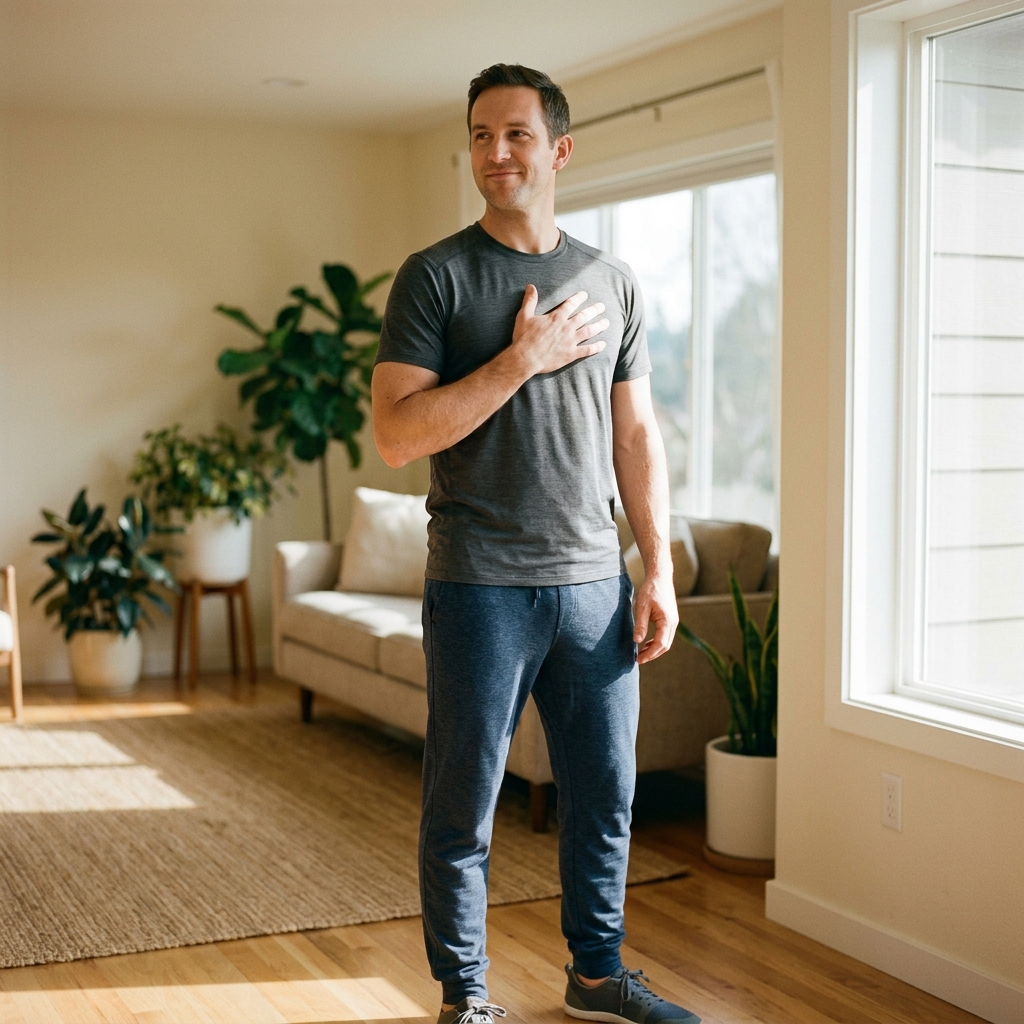 Man in home environment expressing confidence and wellness awareness